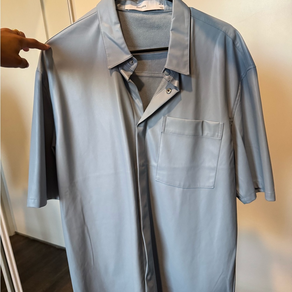 Men's Bershka Latex Blue Short Sleeve Shirt